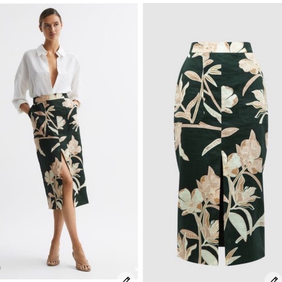 Reiss Dresses & Skirts - Reiss Jackson Floral Print High Rise Midi Skirt Green Tropical Resortwear Yellow